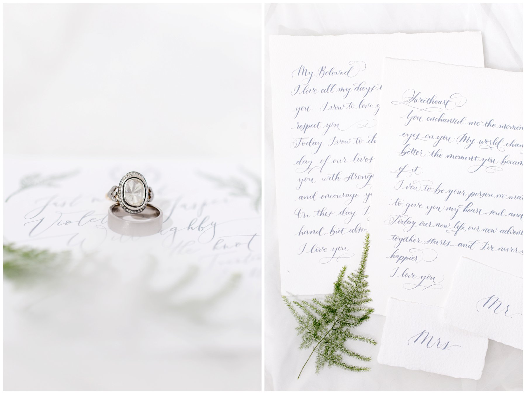 Le Belvedere Elopement Wakefield uncut diamond custom ring hand calligraphed vows and greenery
