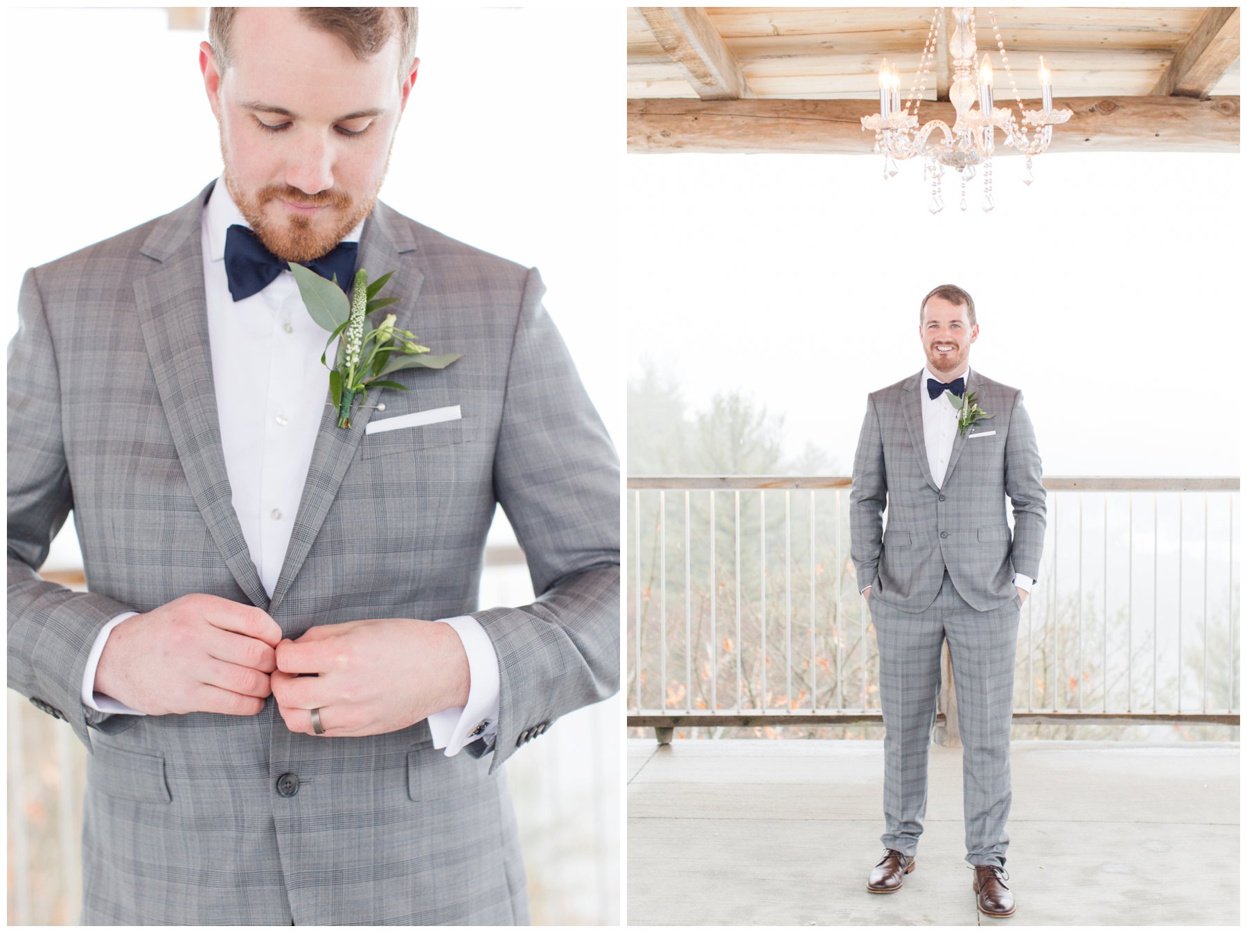 Le Belvedere Elopement Wakefield groom buttoning his grey suit