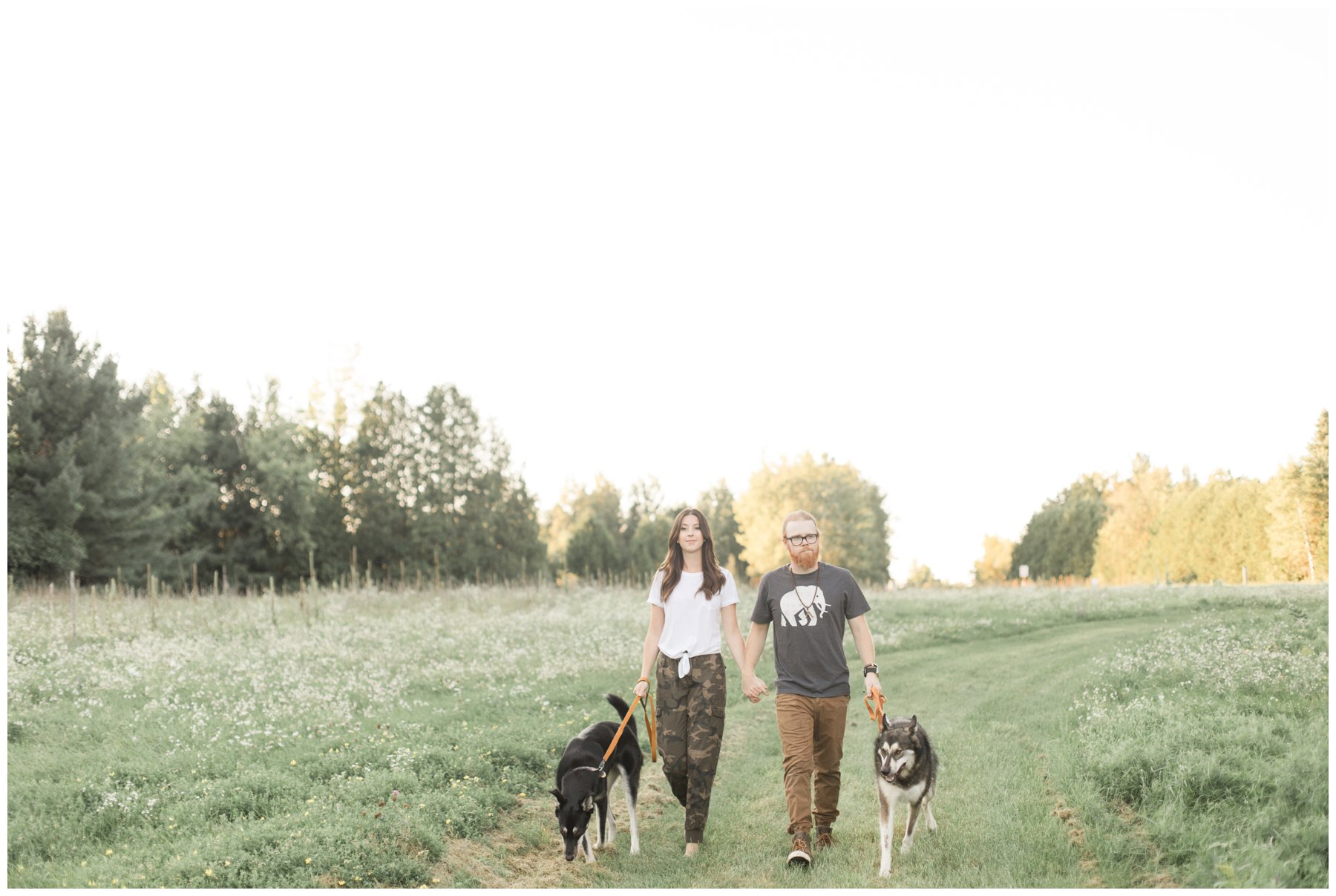 Light and airy photography sunset engagement session in Carp Ontario with dogs