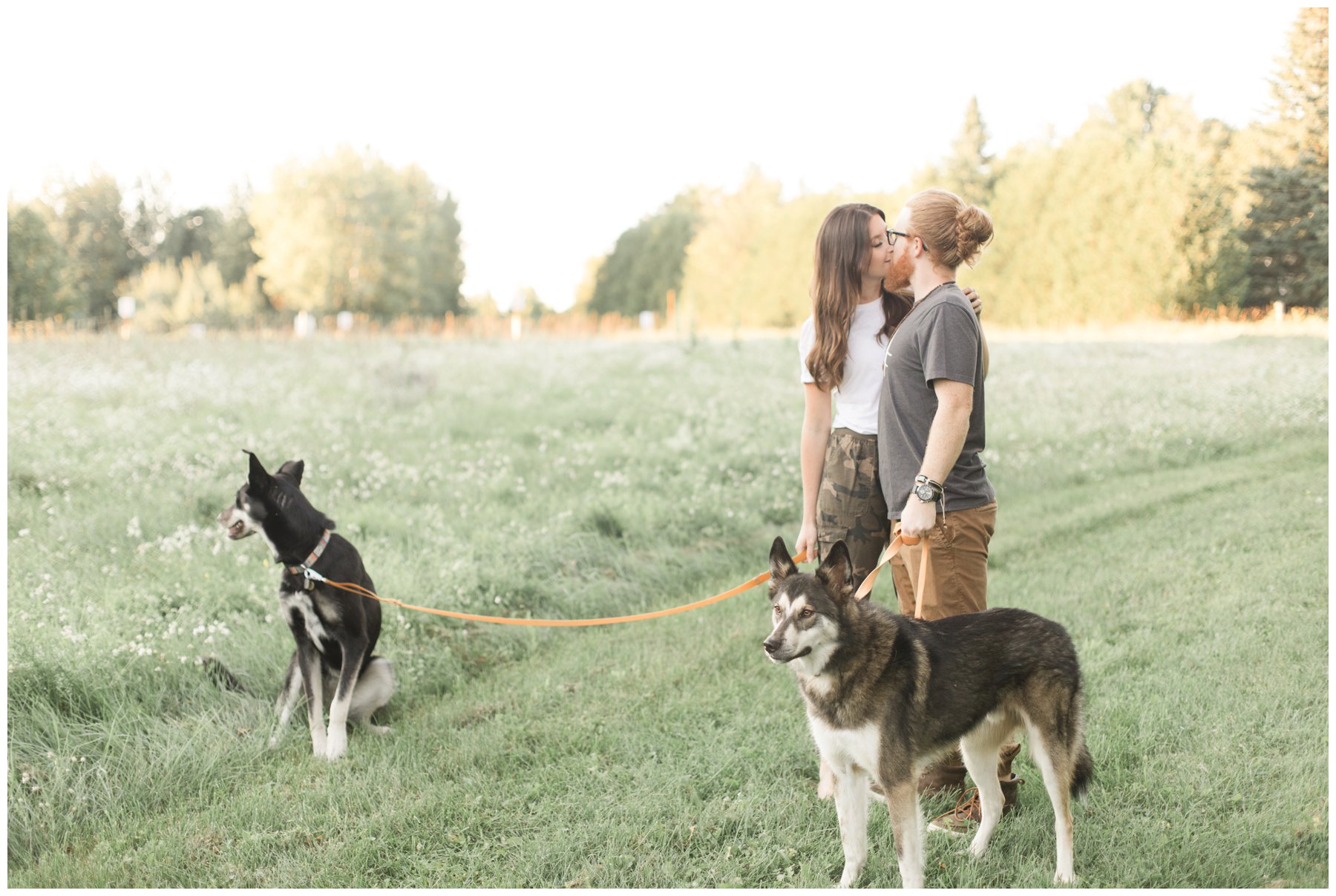 Light and airy photography sunset engagement session in Carp Ontario with dogs
