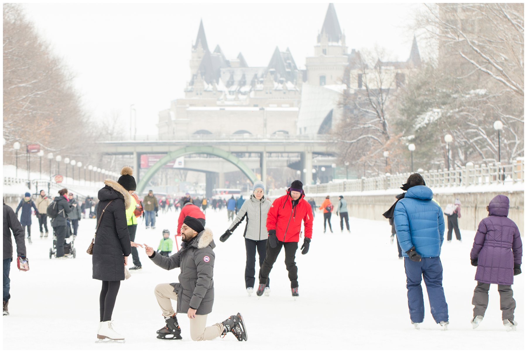 How to plan a surprise proposal? Winter marriage proposal skating on the Ottawa Canal: The Barnett Company - Ottawa Wedding Photographer