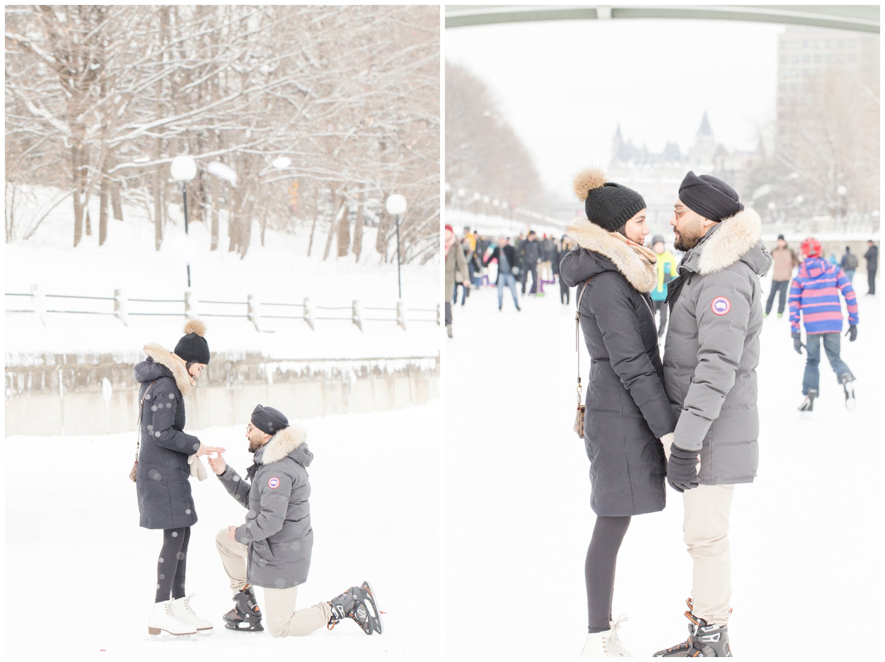 How to plan a surprise proposal? Winter surprise marriage proposal skating on the Ottawa Canal: The Barnett Company - Ottawa Wedding Photographer