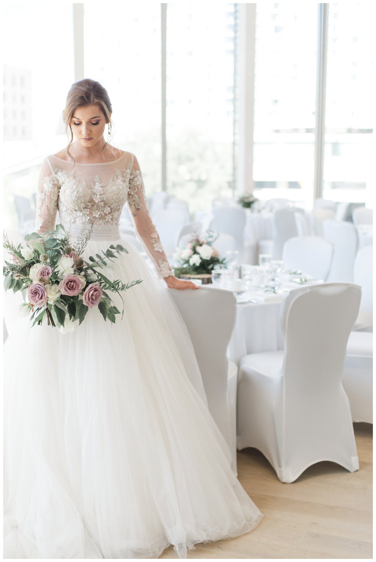 Fairytale mauve and white wedding with lots of florals by Capital Florist- Bride with white Nicole Spose’s dress from Sinders Bridal at Ottawa's NAC O'Born room wedding venue: The Barnett Company - Ottawa Wedding Photographer