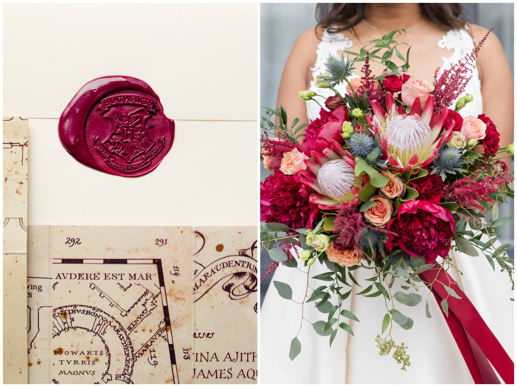 Harry Potter seal on wedding invitation and red protea bouquet