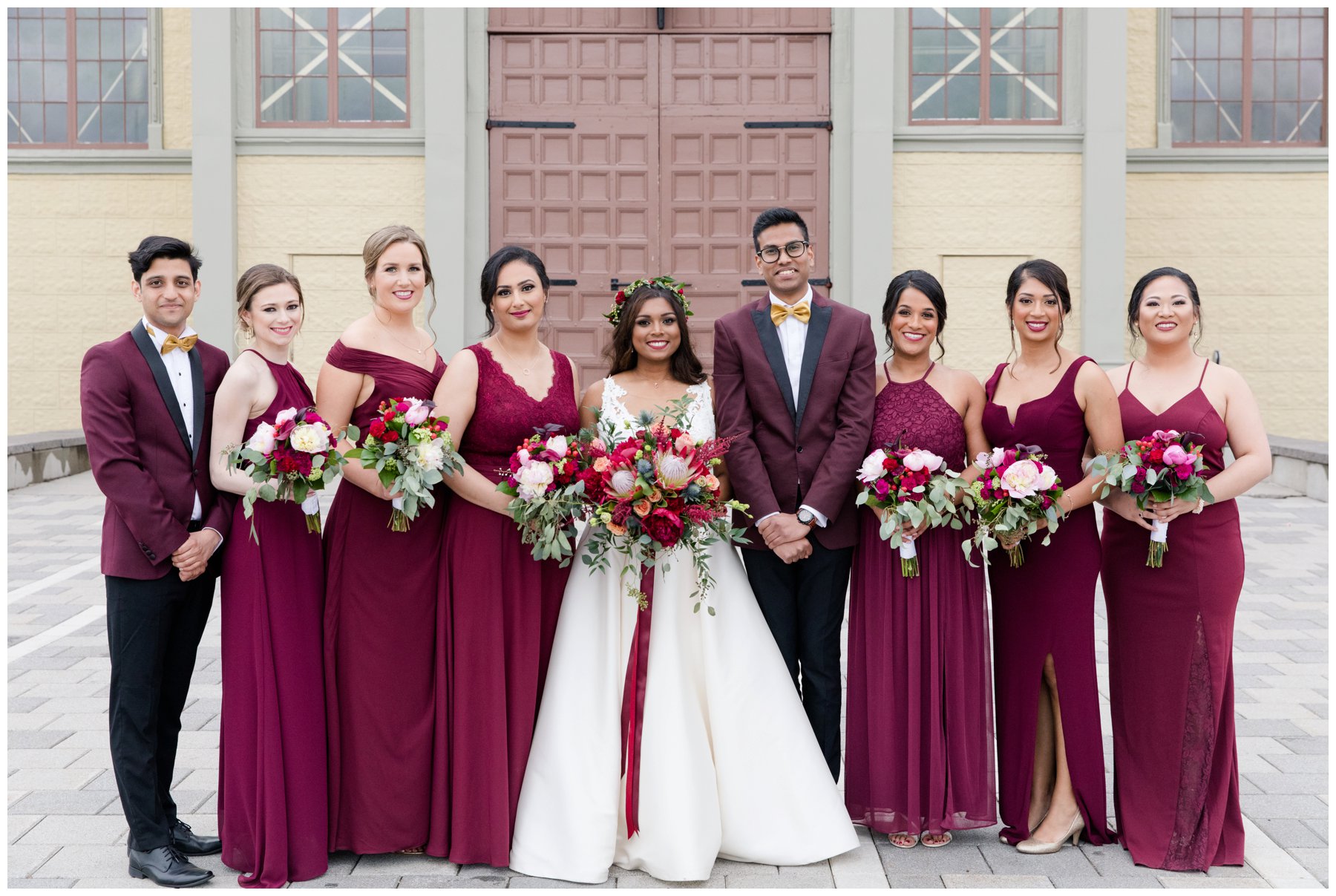 Burgundy bridesmaids and bridesman Wedding at the Horticulture Building