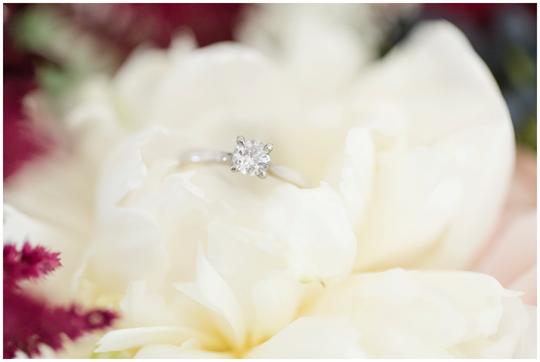 Engagement ring on white flower
