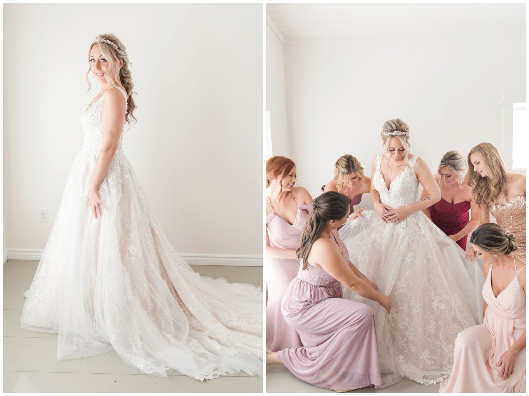 Light and airy bride and bridesmaids at the garden house Le Belvedere