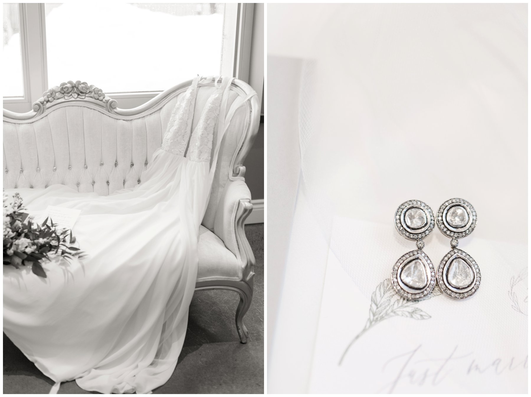 Le Belvedere Elopement Wakefield wedding dress bouquet and uncut diamond earrings 