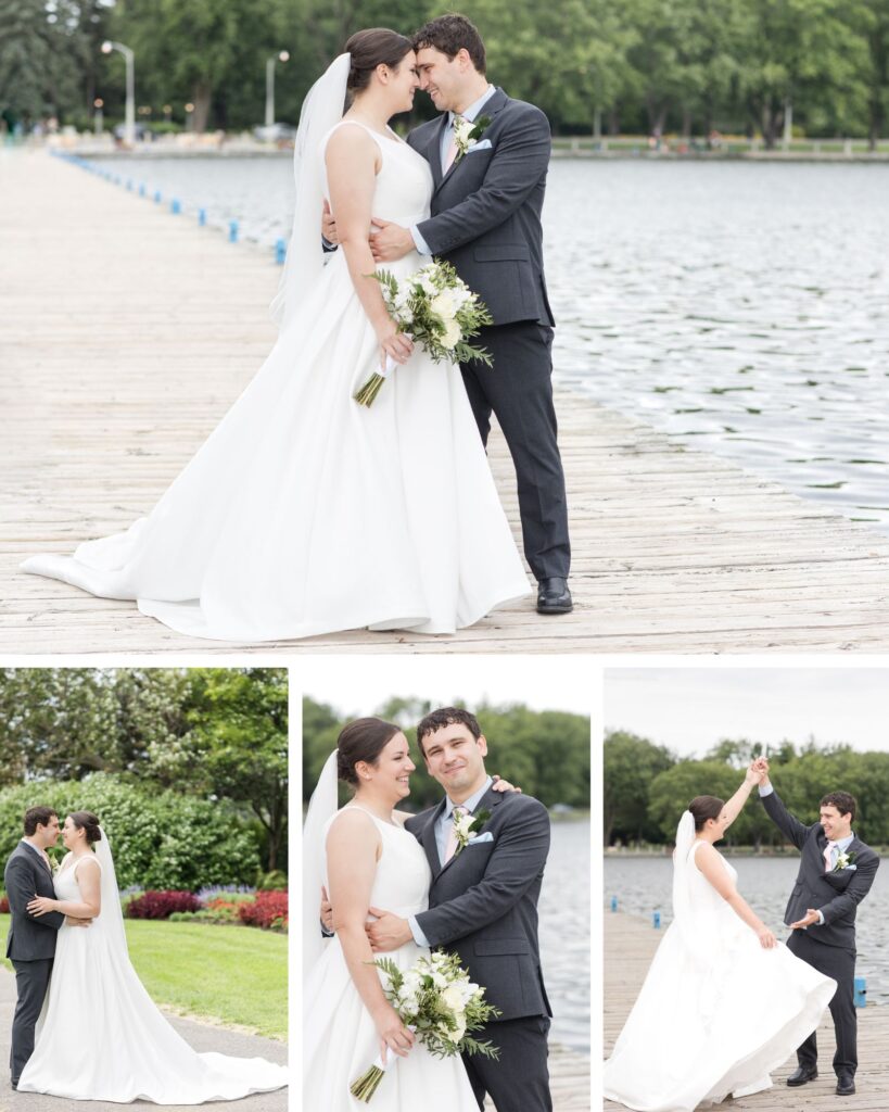 Bride and groom by the water of Dow's Lake in Ottawa for their Lago Wedding
