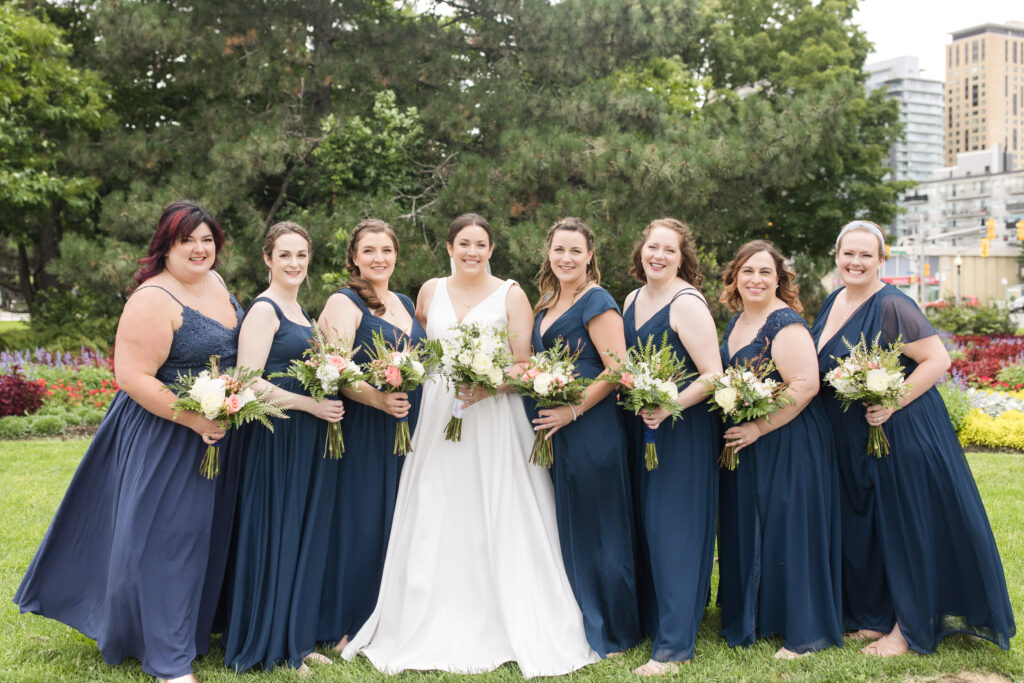 Bridesmaids with long blue dresses